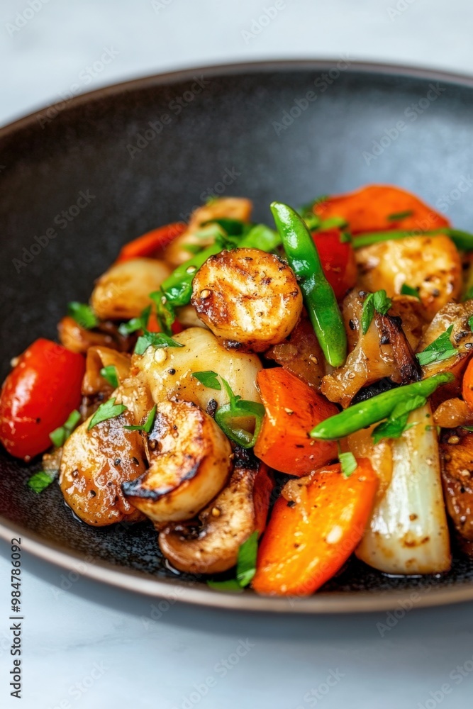 Delicious stir-fried vegetables and scallops garnished with fresh herbs on a dark plate Delicious stir-fried vegetables and scallops garnished with fresh herbs on a dark plate