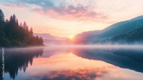 Wallpaper Mural A serene dawn landscape featuring a misty lake reflecting vibrant hues of sunrise. Torontodigital.ca