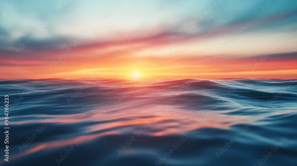 Obraz premium A serene sunset over tranquil ocean waves, blending vibrant hues of orange and blue.