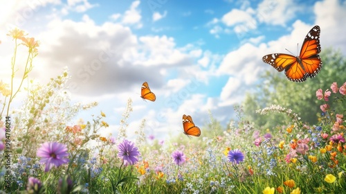 Bright and vivid scene of a butterfly garden filled with colorful flowers under a sunny sky.