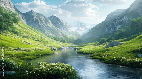 A serene landscape of green valleys and a clear river under a bright blue sky, showcasing nature's breathtaking beauty.