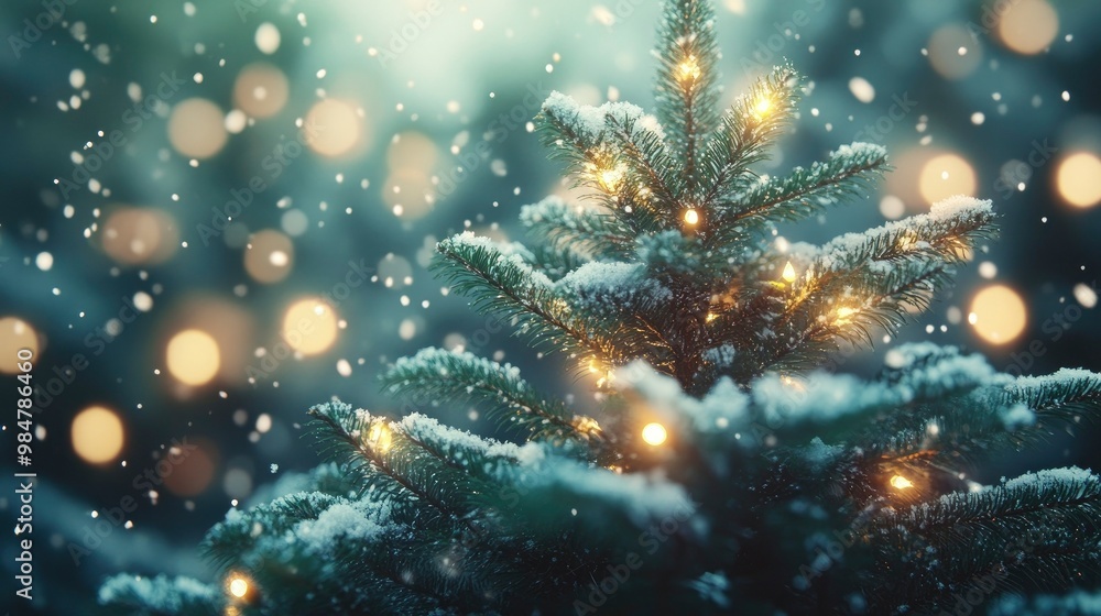 A Christmas tree in the middle of a winter wonderland, with snow falling gently and festive lights twinkling on its branches. A Christmas tree in the middle of a winter wonderland, with snow falling gently and festive lights twinkling on its branches.