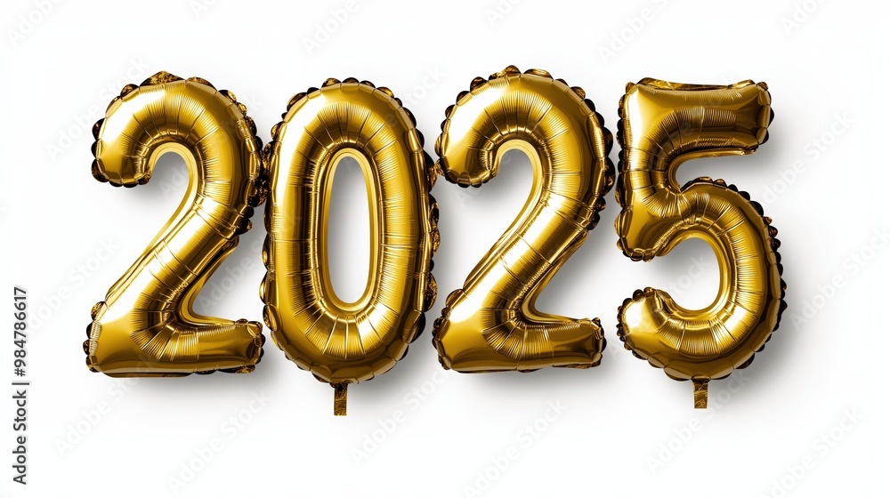 2025 text with gold foil party balloons on white background 2025 text with gold foil party balloons on white background