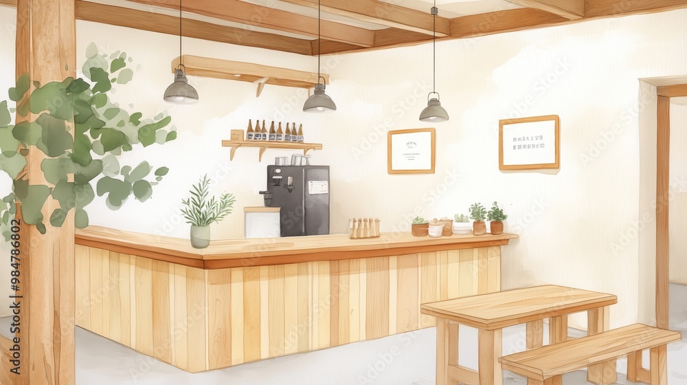 Fototapeta premium Cozy Modern Cafe Interior with Wooden Furniture and Green Plants, Minimalist Design, Warm and Inviting Atmosphere, Ideal for Relaxation and Socializing, Bright and Airy Space with Natural Light