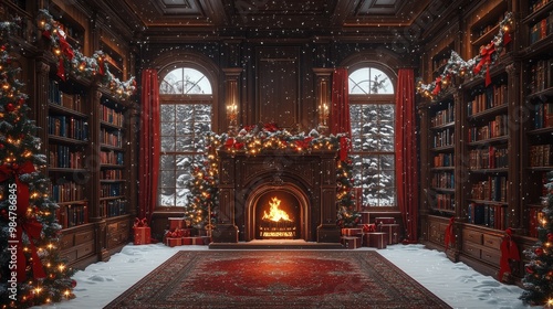 A cozy library decorated for Christmas, with garlands, red ribbons, and a glowing fireplace, snow falling outside, 3D illustration