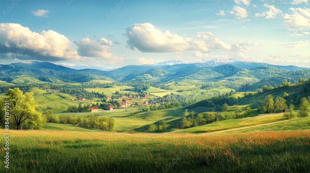 A breathtaking panoramic view of green hills and distant mountains under a bright blue sky with fluffy white clouds. A breathtaking panoramic view of green hills and distant mountains under a bright blue sky with fluffy white clouds.