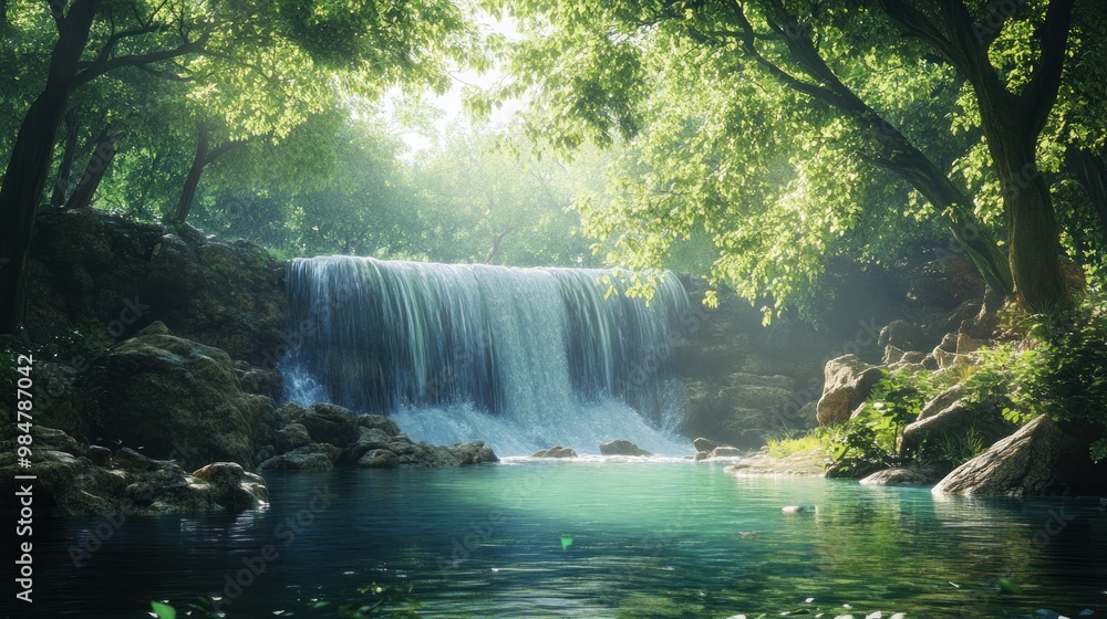 A serene waterfall cascades into a tranquil pool surrounded by lush green foliage. A serene waterfall cascades into a tranquil pool surrounded by lush green foliage.