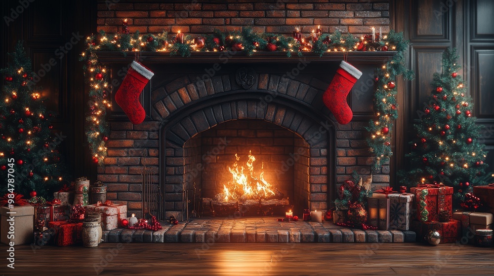 A cozy fireplace mantle decorated with garlands, stockings, and twinkling lights, ready for Santa’s visit, 3D illustration A cozy fireplace mantle decorated with garlands, stockings, and twinkling lights, ready for Santa’s visit, 3D illustration
