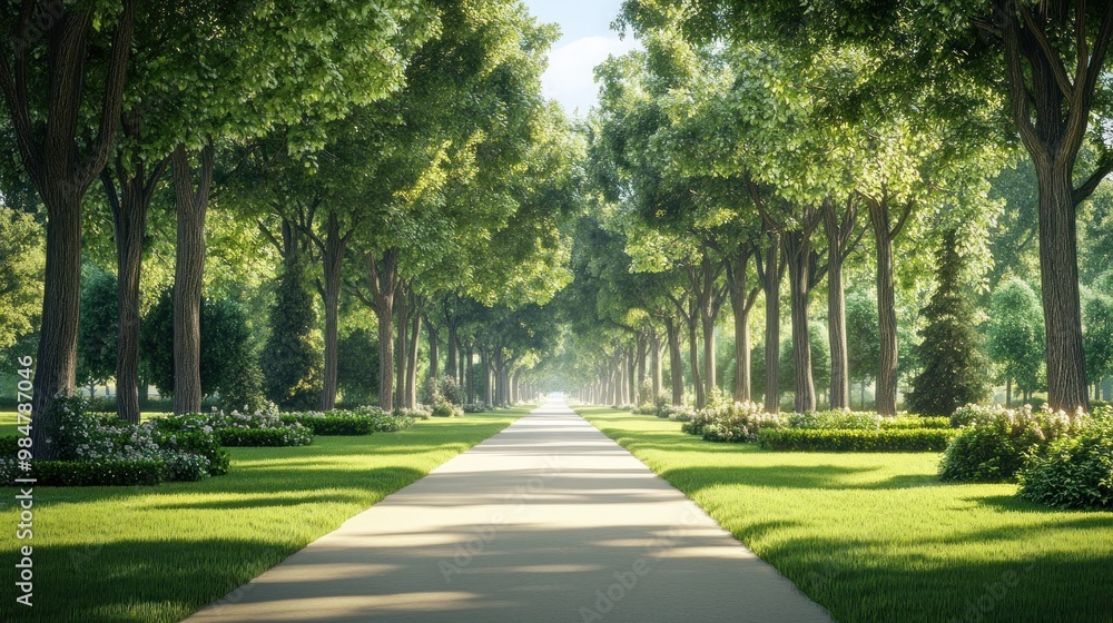 A serene pathway lined with lush green trees, creating a peaceful ambiance perfect for a leisurely stroll. A serene pathway lined with lush green trees, creating a peaceful ambiance perfect for a leisurely stroll.