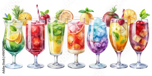 Vibrant Cocktail Delights Symmetrical Array of Colorful Summer Drinks on White, Festive Indulgence for Bar Menus and Celebratory Content