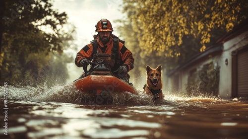 A male rescuer in an orange waterproof suit navigates floodwaters with a trusty dog by his side.