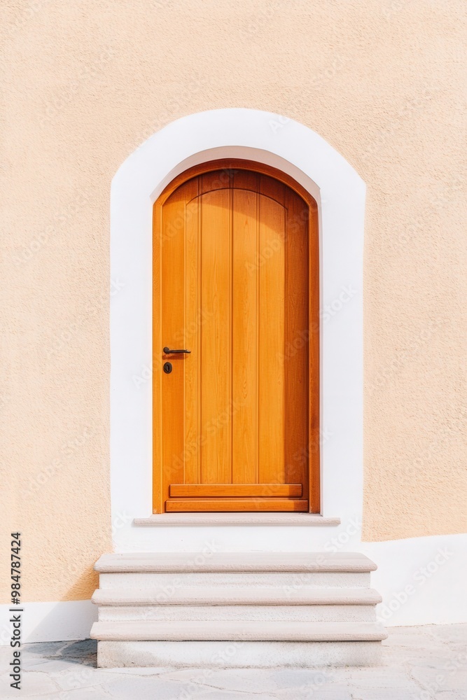 Charming wooden door with elegant archway against a soft pastel wall Charming wooden door with elegant archway against a soft pastel wall