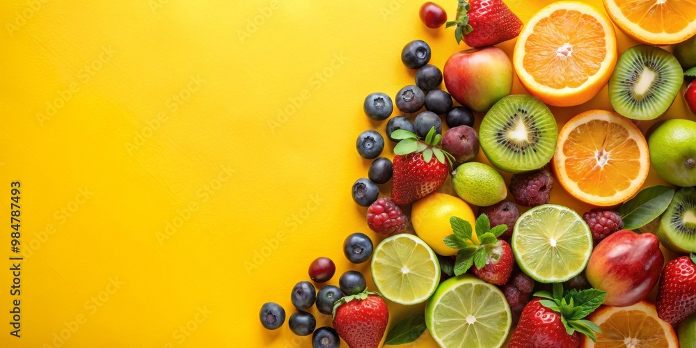 Vibrant Fruit Medley Close-Up Colorful Citrus Slices, Ripe Strawberries on Bright Yellow Background - Fresh, Energetic Food Photography for Summer Menus and Healthy Eating Vibrant Fruit Medley Close-Up Colorful Citrus Slices, Ripe Strawberries on Bright Yellow Background - Fresh, Energetic Food Photography for Summer Menus and Healthy Eating
