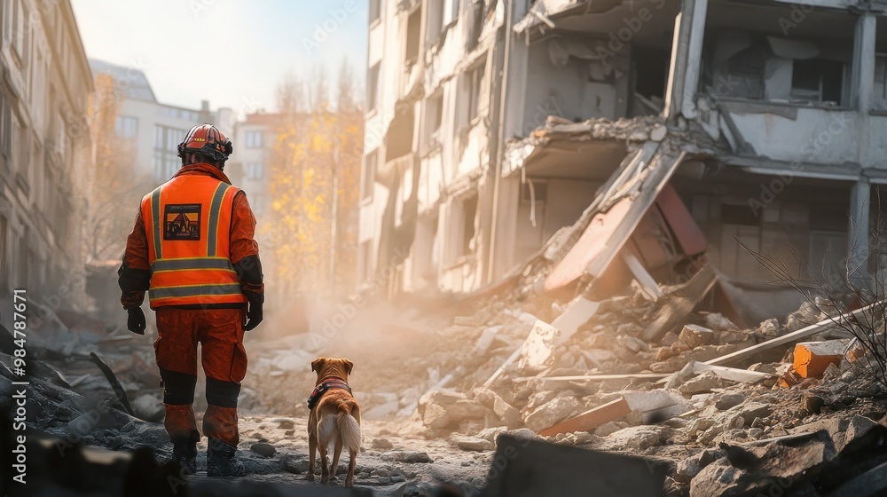 A male rescue worker in an orange uniform walks alongside a dog through a devastated urban landscape post-disaster. A male rescue worker in an orange uniform walks alongside a dog through a devastated urban landscape post-disaster.