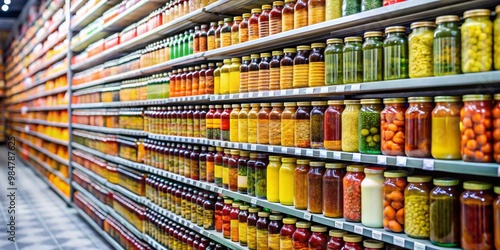 Vibrant Glass Jars in Supermarket Aisle Colorful Food Preservation Collection, Symmetrical Layout with Depth, Warm Tones, Organized Abundance Commercial, Culinary, Groceries