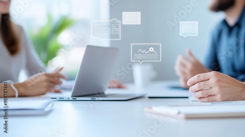 Business professionals in a virtual meeting with floating communication tools, symbolizing flexible and efficient business practices