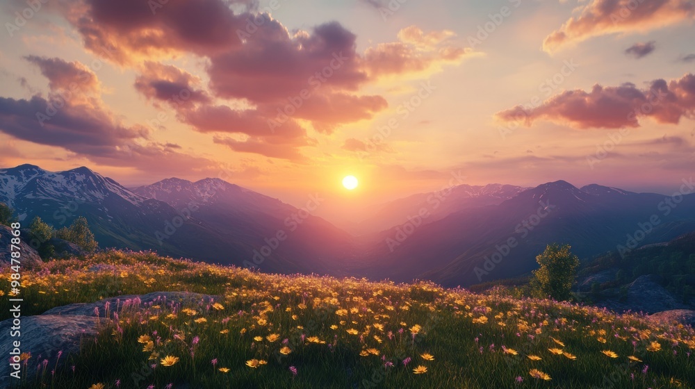 A breathtaking sunset over a valley filled with colorful wildflowers and majestic mountains. A breathtaking sunset over a valley filled with colorful wildflowers and majestic mountains.