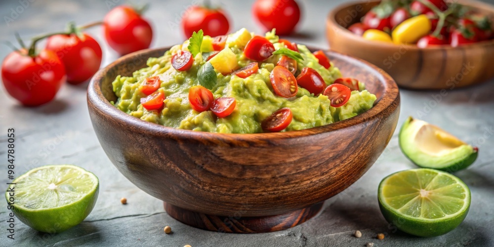 Vibrant Guacamole Delight Close-Up of Fresh Avocado Dip with Cherry Tomatoes and Lime on Wooden Bowl, Festive and Appetizing Mood for Food Blogs and Social Media Promotion Vibrant Guacamole Delight Close-Up of Fresh Avocado Dip with Cherry Tomatoes and Lime on Wooden Bowl, Festive and Appetizing Mood for Food Blogs and Social Media Promotion