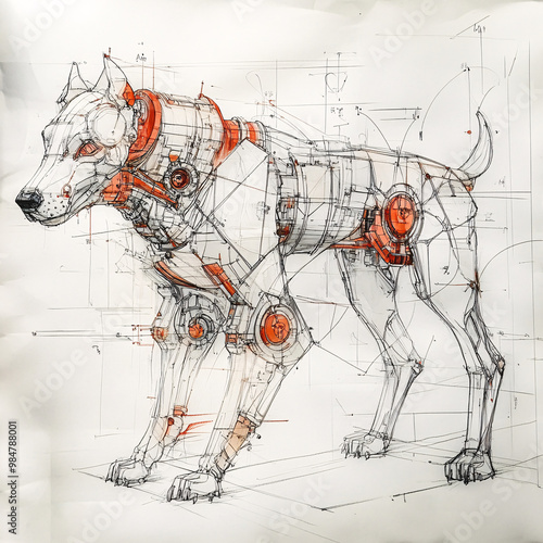 Mechanical cybernetic dog design blending organic anatomy with industrial machinery, futuristic blueprint-style illustration featuring gears and circuits for engineering and robotics photo