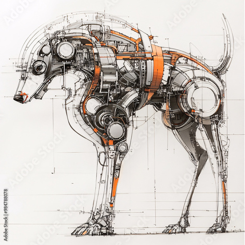 Mechanical cybernetic dog design blending organic anatomy with industrial machinery, futuristic blueprint-style illustration featuring gears and circuits for engineering and robotics photo