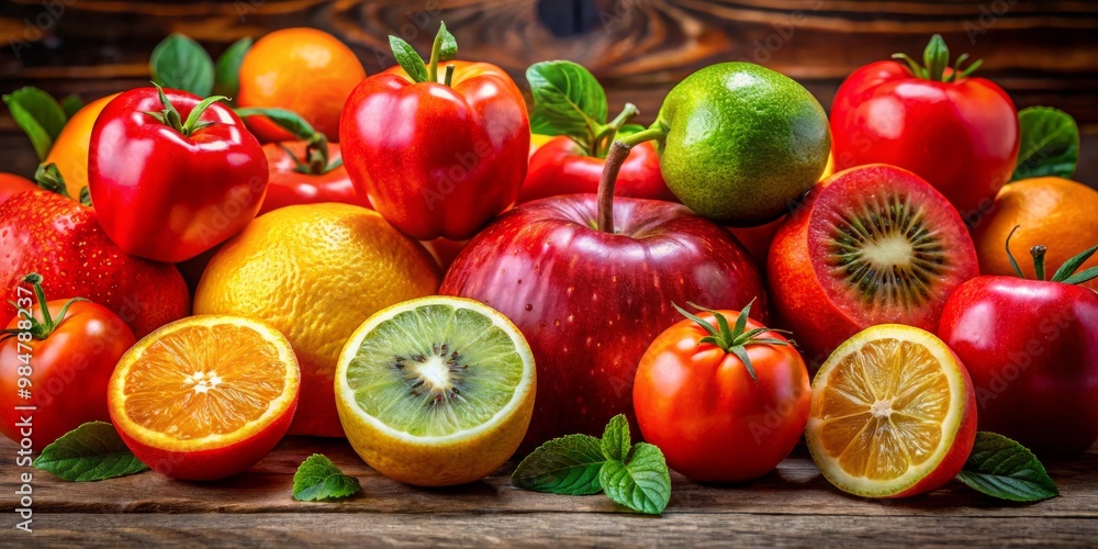 Vibrant Harvest Close-Up of Luscious Red Apple Among Fresh Fruits and Vegetables on Wooden Surface - Abundance and Freshness Concept with Warm Lighting for Food and Wellness Vibrant Harvest Close-Up of Luscious Red Apple Among Fresh Fruits and Vegetables on Wooden Surface - Abundance and Freshness Concept with Warm Lighting for Food and Wellness