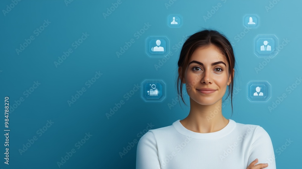 Businesswoman communicating with a remote team, surrounded by holographic icons symbolizing flexibility and digital communication Businesswoman communicating with a remote team, surrounded by holographic icons symbolizing flexibility and digital communication