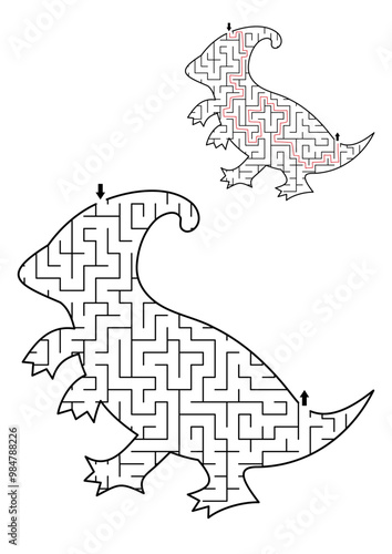 Dinosaur geometrical maze with for kids. Preschool printable activity shaped as Parasaurolophus. Dino land labyrinth game for children. Cute prehistoric animal puzzle with answer