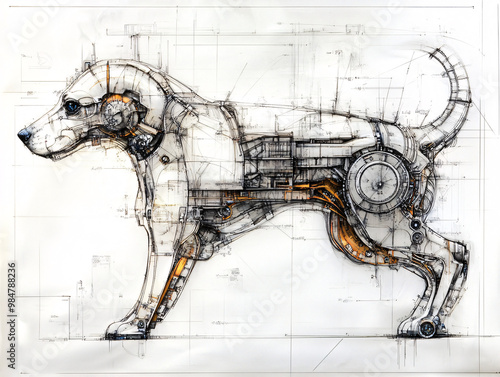 Mechanical cybernetic dog design blending organic anatomy with industrial machinery, futuristic blueprint-style illustration featuring gears and circuits for engineering and robotics photo