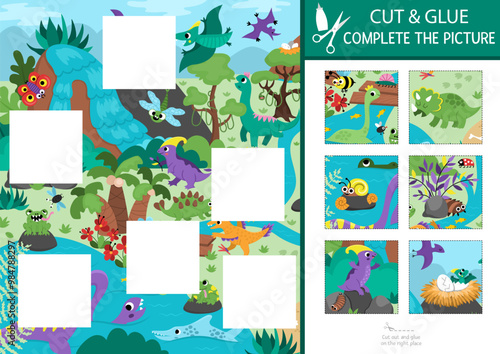 Vector dinosaur cut and glue activity. Prehistoric crafting game with cute ancient animals and dino land landscape. Fill up the scene with square sticker. Find right piece of puzzle. Complete picture