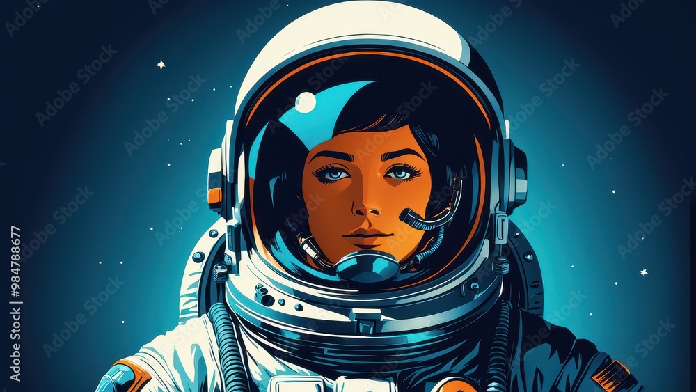 A digital illustration of a female astronaut in a space suit, looking confidently into the distance. A digital illustration of a female astronaut in a space suit, looking confidently into the distance.