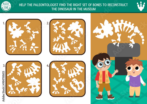 Dinosaur matching and logical activity with set of bones and triceratops. Assemble the dino bones puzzle. Match the parts and whole object printable worksheet. Paleontology museum game