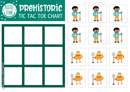 Vector dinosaur tic tac toe chart with paleontologist boy and bird. Prehistoric board game playing field. Funny dino land printable worksheet with cute characters. Noughts and crosses grid