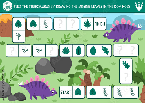 Vector dinosaur domino puzzle for kids with pictures. Simple prehistoric shape recognition quiz. Maze, drawing, matching and logic activity with stegosaur and leaves. Draw missing objects