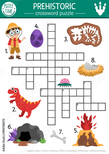 Vector simple dinosaur crossword puzzle for kids. Dino land quiz for children. Educational activity with paleontologist, skeleton, volcano, egg, cave, bone, nest. Cute prehistoric cross word