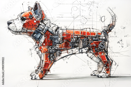 Mechanical cybernetic dog design blending organic anatomy with industrial machinery, futuristic blueprint-style illustration featuring gears and circuits for engineering and robotics photo