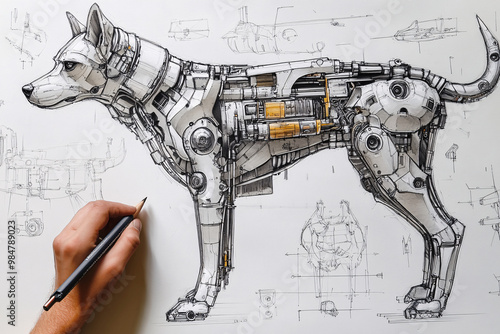 Mechanical cybernetic dog design blending organic anatomy with industrial machinery, futuristic blueprint-style illustration featuring gears and circuits for engineering and robotics photo