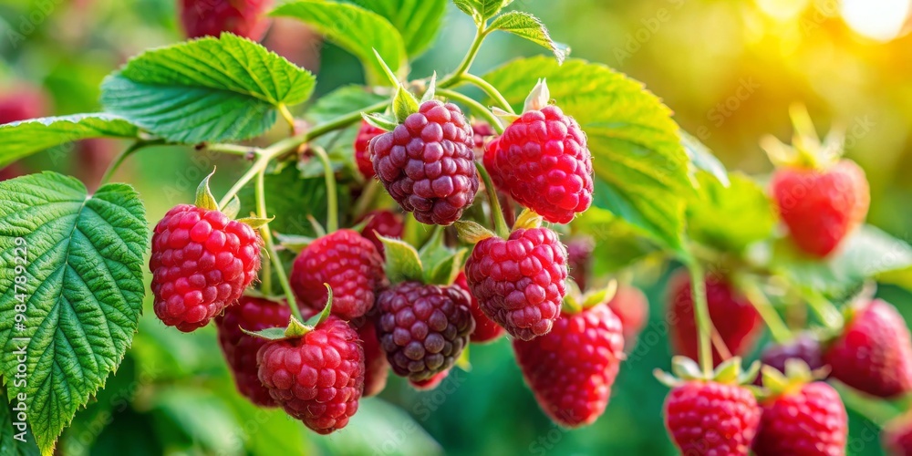 Vibrant Raspberry Cluster Close-Up View of Ripe Berries in Sunlit Garden - Summery Freshness and Abundance Vibrant Raspberry Cluster Close-Up View of Ripe Berries in Sunlit Garden - Summery Freshness and Abundance