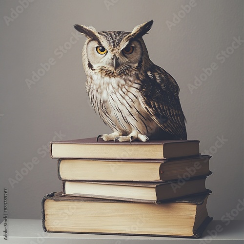 Wallpaper Mural An owl, the symbol of pedagogy, perched atop a stack of books, representing knowledge and education, perfect for academic or educational themes Torontodigital.ca
