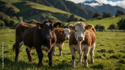 Baby cows grazing on a green meadow in New Zealand.