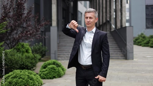 Businessman stands outside an office building with a serious, disapproving expression. He gives a thumbs down gesture towards the camera, conveying a clear message of disapproval or rejection.