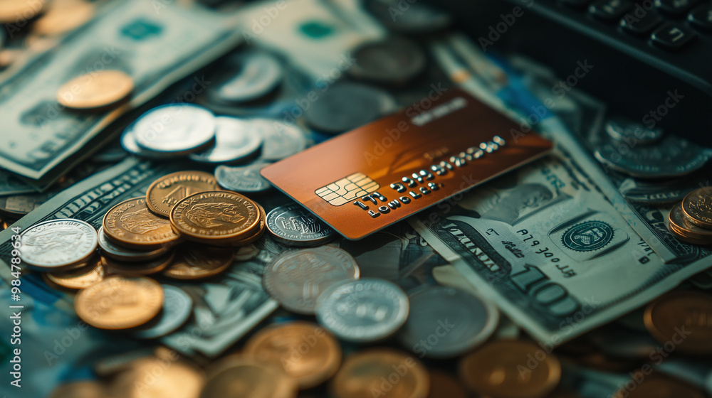 Credit Card Surrounded by Cash and Coins - Modern Payment Methods Credit Card Surrounded by Cash and Coins - Modern Payment Methods
