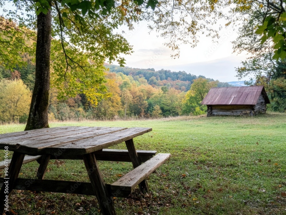 A tranquil autumn afternoon at a rural picnic spot with a rustic cabin in the distance A tranquil autumn afternoon at a rural picnic spot with a rustic cabin in the distance