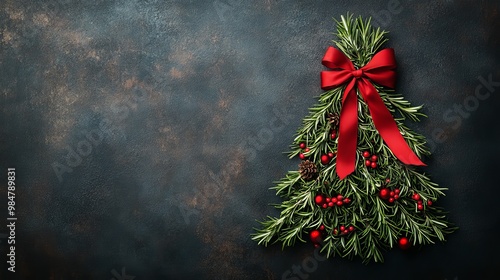 A tabletop Christmas tree made entirely of fresh rosemary, tied with red ribbons, space for text photo