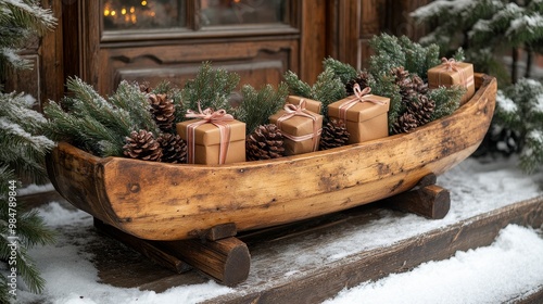 A wooden sleigh, filled with pine branches and wrapped gifts, used as a decorative piece near the entrance, space for text photo