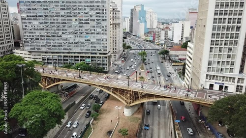 Aerial view of the busy streets and traffic surrounding Viaduto Santa Ifigênia in São Paulo, Brazil. photo