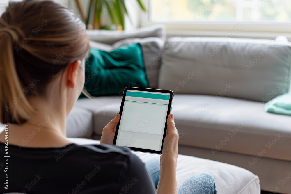 Woman browsing tablet in cozy living room with green accents. Woman browsing tablet in cozy living room with green accents.