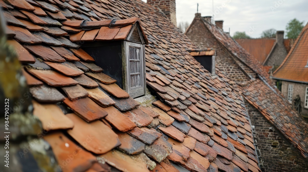 Roofing in historic preservation, with experts carefully restoring the roof of a centuries-old building using traditional methods