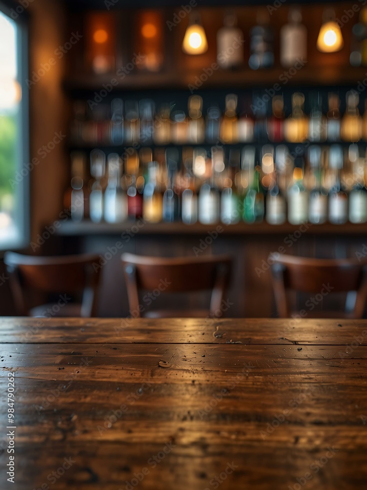 Bar backdrop with a wooden table and blurred view of beverages. Bar backdrop with a wooden table and blurred view of beverages.