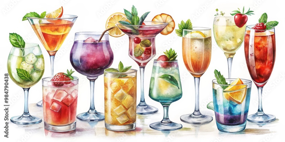 Vibrant Watercolor Cocktails Array Festive Mixology Celebration with Colorful Drinks, Summery Bliss on White. Ideal for Ads, Editorial, and Decor No Focal Point, Just a Splash of Vibrant Watercolor Cocktails Array Festive Mixology Celebration with Colorful Drinks, Summery Bliss on White. Ideal for Ads, Editorial, and Decor No Focal Point, Just a Splash of