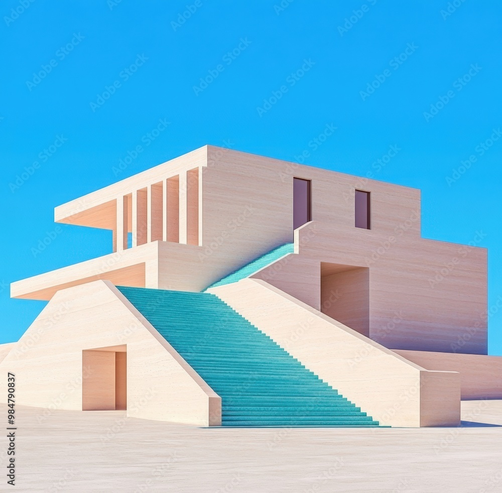 Modern architectural marvel featuring striking turquoise stairs against a clear sky Modern architectural marvel featuring striking turquoise stairs against a clear sky